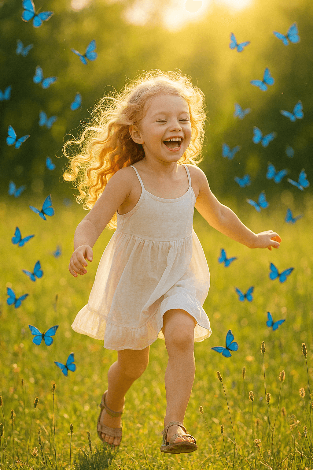 una ñina corriendo libre y feliz en un campo soleado rodeada de mariposas azules