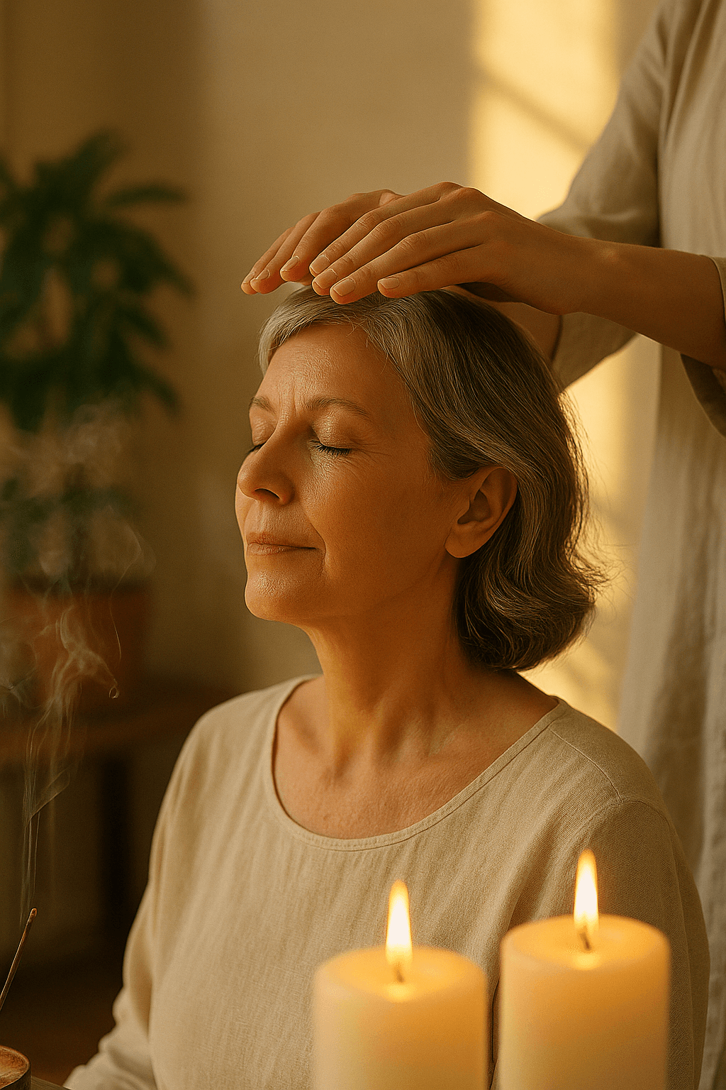Mujer tumbada con mano sobre ella haciendo reiki