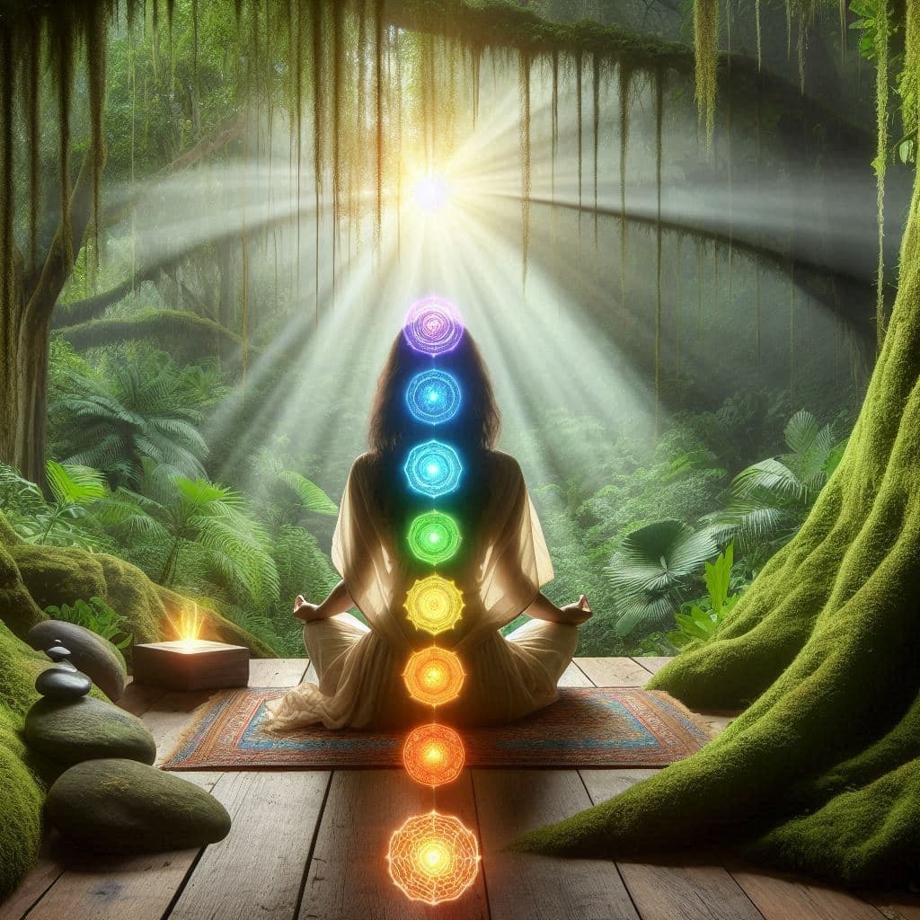 Mujer meditando con charkas