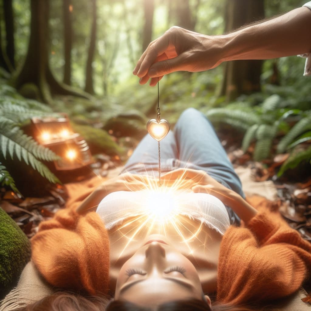 Mujer con mano haciendo reiki