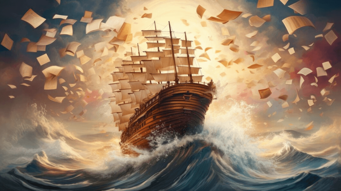 Un barco antiguo navegando en un mar bravío y soltando hojas de papel al viento