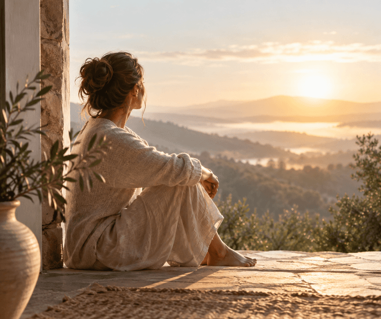 una mujer sentada en calma mirando el atardecer entre las montañas