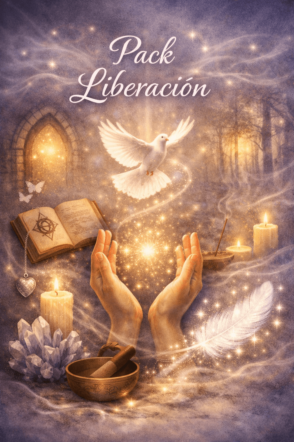 dos manos sosoteniendo energía universal con reiki rodeadas de elementos espirituales y tranquilos y un libro de registros akáshicos abierto con información para el alma