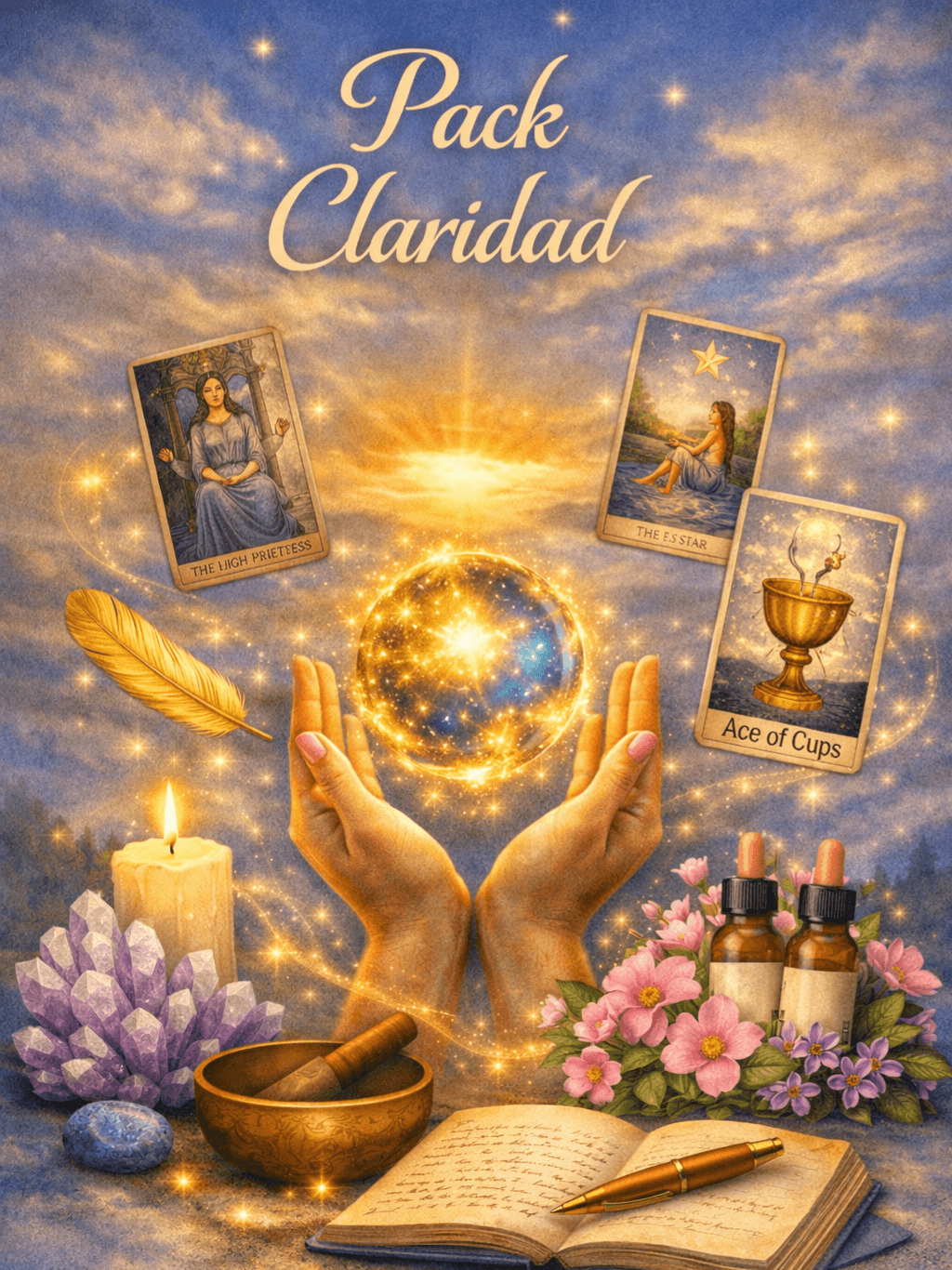 dos manos sosteniendo energía universal con reiki rodeadas de cartas de tarot, flores de Bach y un cuaderno con anotaciones.