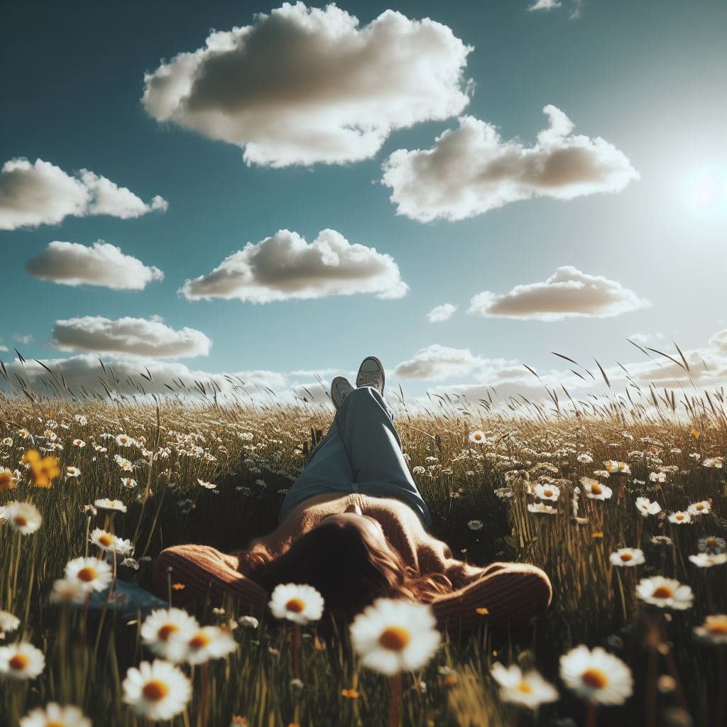 una ujer tumbada en la hierba, rodeada de margaritas, mirando el cielo