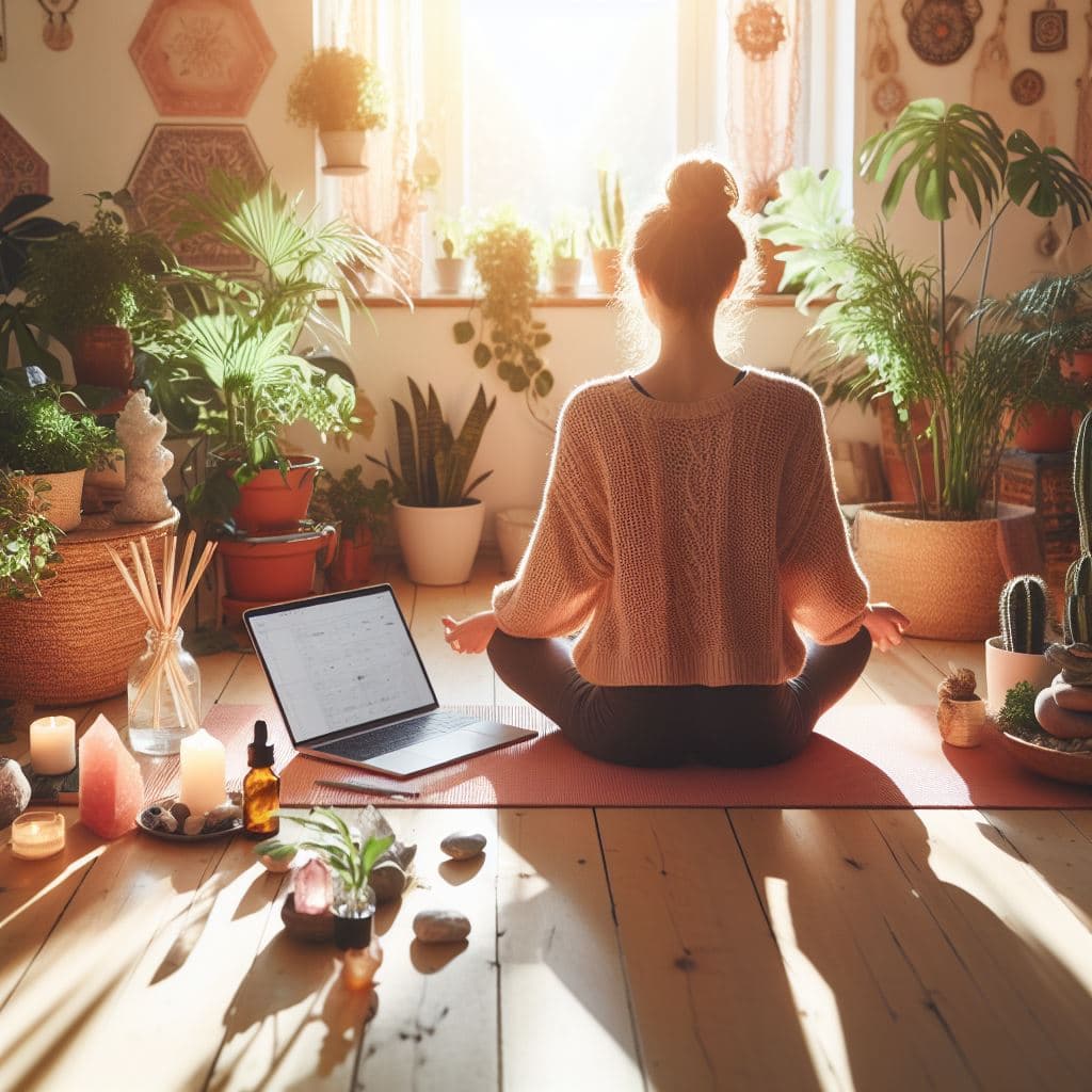 una mujer meditando en su salón rodeada de plantas