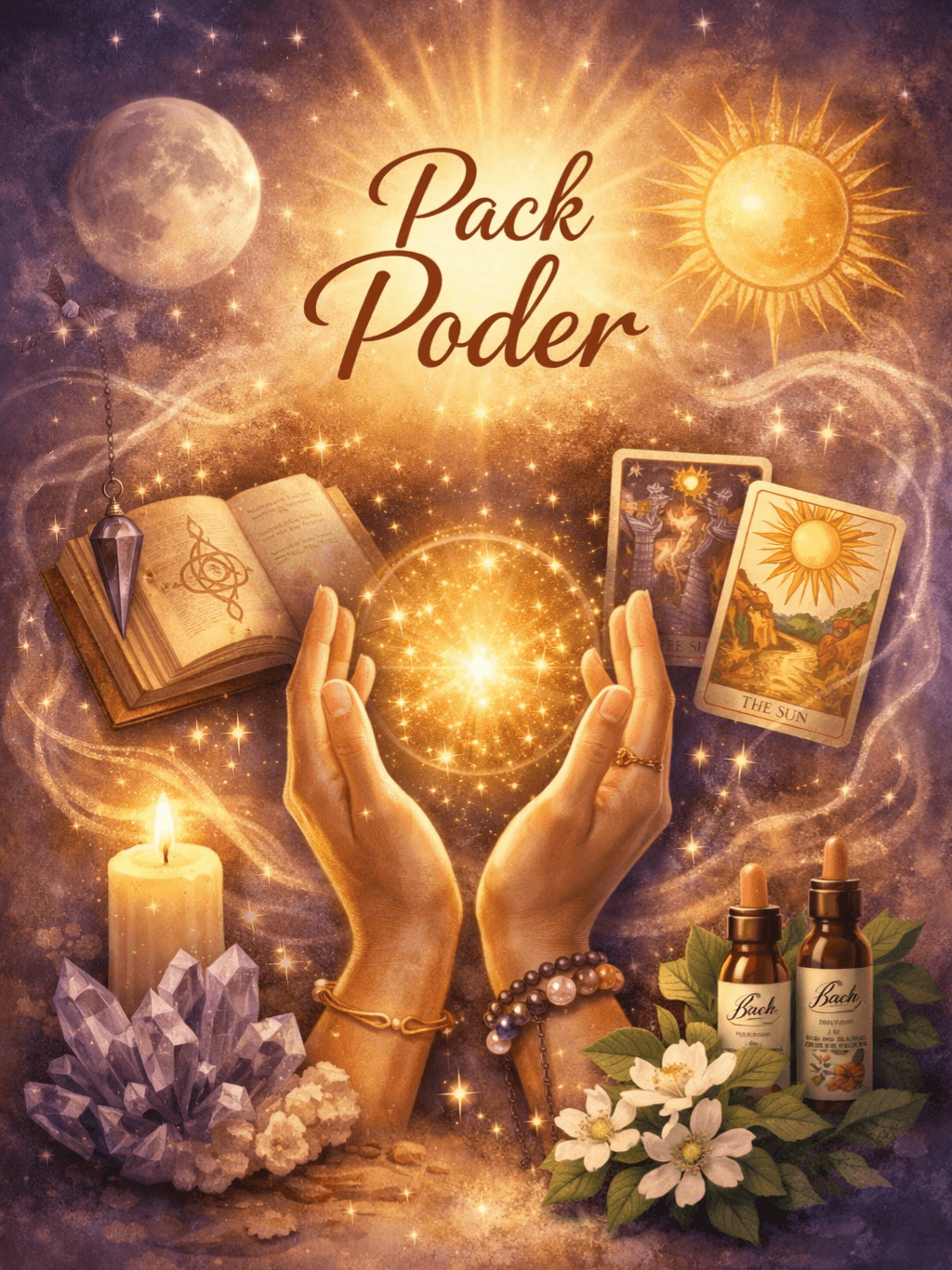 Dos manos sosoteniendo energía universal de Reiki rodeadas de recursos derivados de Tarot, Registros Akáshicos, Cuarzos y Flores de Bach